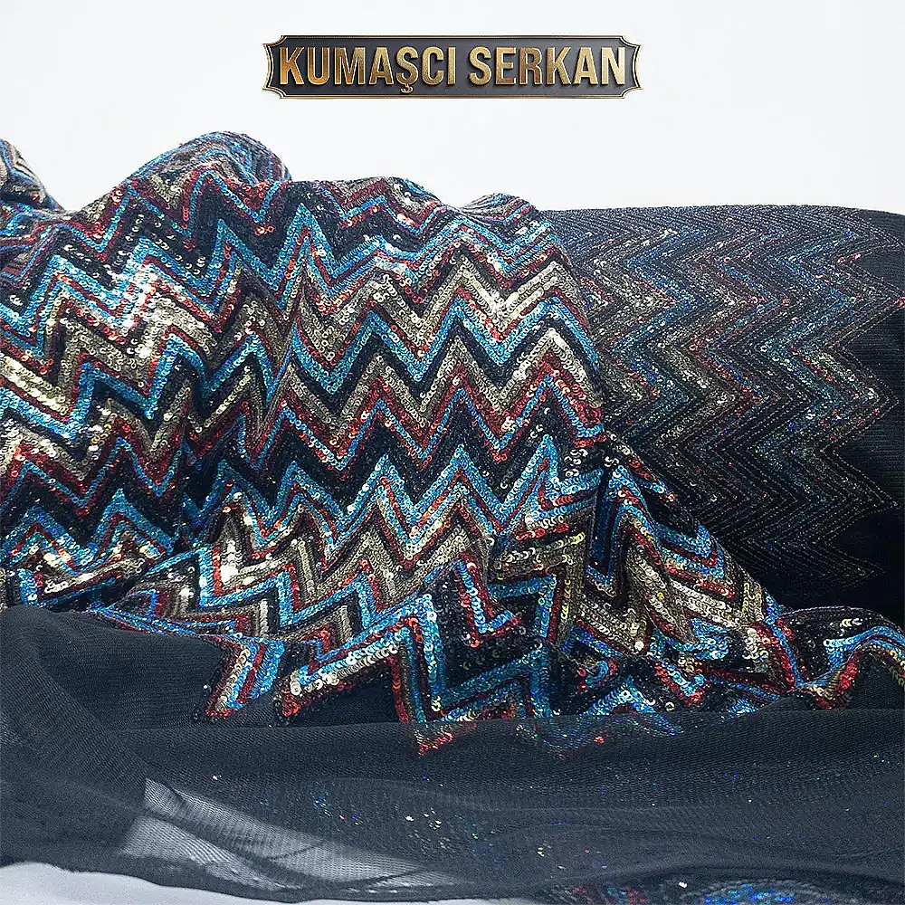 Likra Tül Üzerine Pul Payet Kumaş - Zikzak - 1