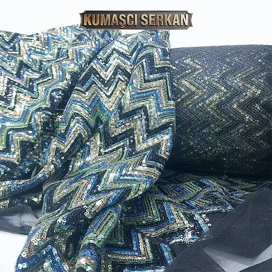Likra Tül Üzerine Pul Payet Kumaş - Zikzak - 3