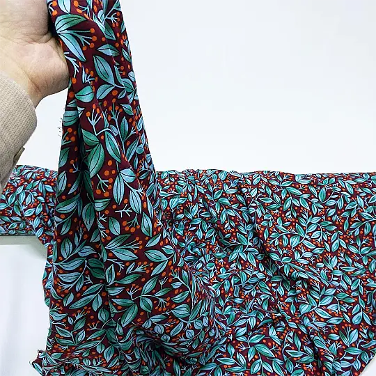 Yaprak Desenli Viskon Kumaş - %100 Pamuklu - 150cm En - 3
