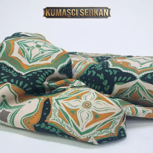 Yeşil Turuncu Desenli Viskon Kumaş - %100 Pamuk